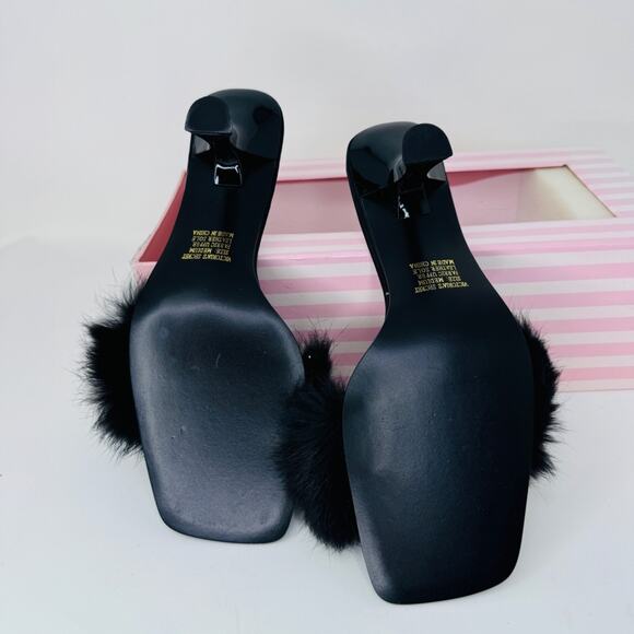 Victoria's Secret Mule Wiangora Shoes Womens Medium Black Faux Fur Heels Kitten - Picture 6 of 9